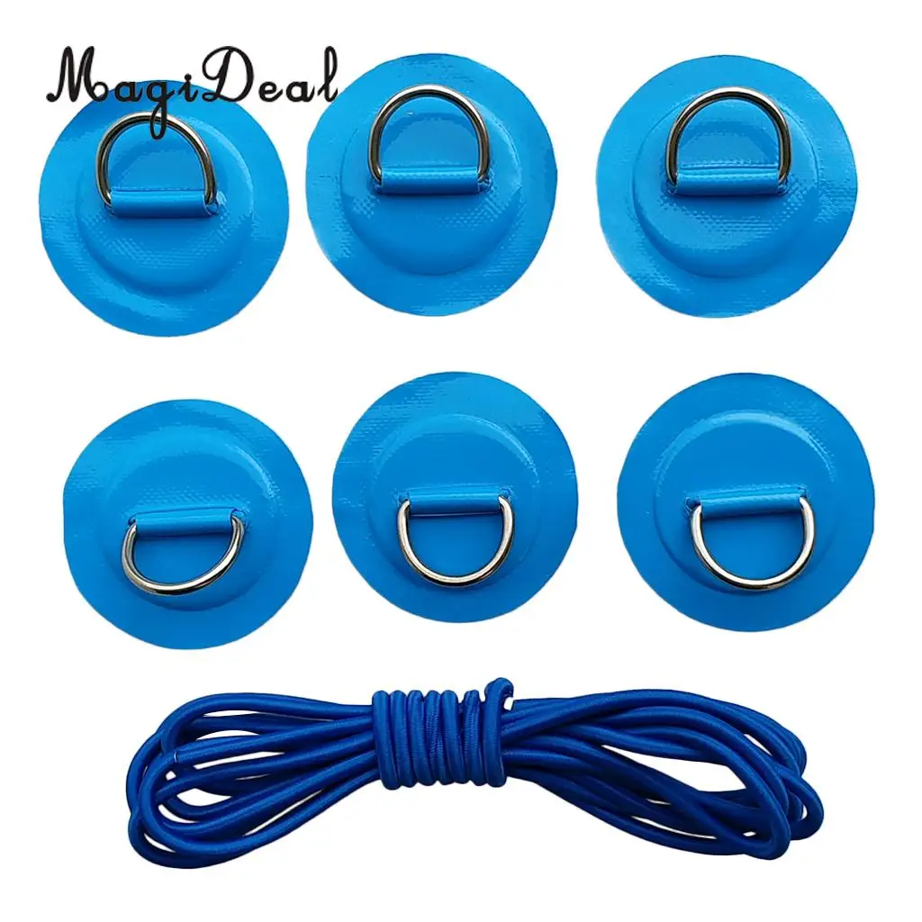 Pack 6 Stainless Steel D-Ring Patch/Pad & 5mm x 5m Elastic Shock Cord Rope for PVC Inflatable Boat Kayak Raft Dinghy - 6 Colors
