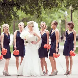 Простые трапециевидные платья подружки невесты из шифона с v-образным вырезом темно-синие ремешки с оборками платья подружки невесты для