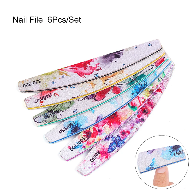 6PCS/Lot Nail File 100/180 Double Sanding Buffer Block Set Flower Design Mixed Size Pedicure Manicure Professional Nail Art Tool