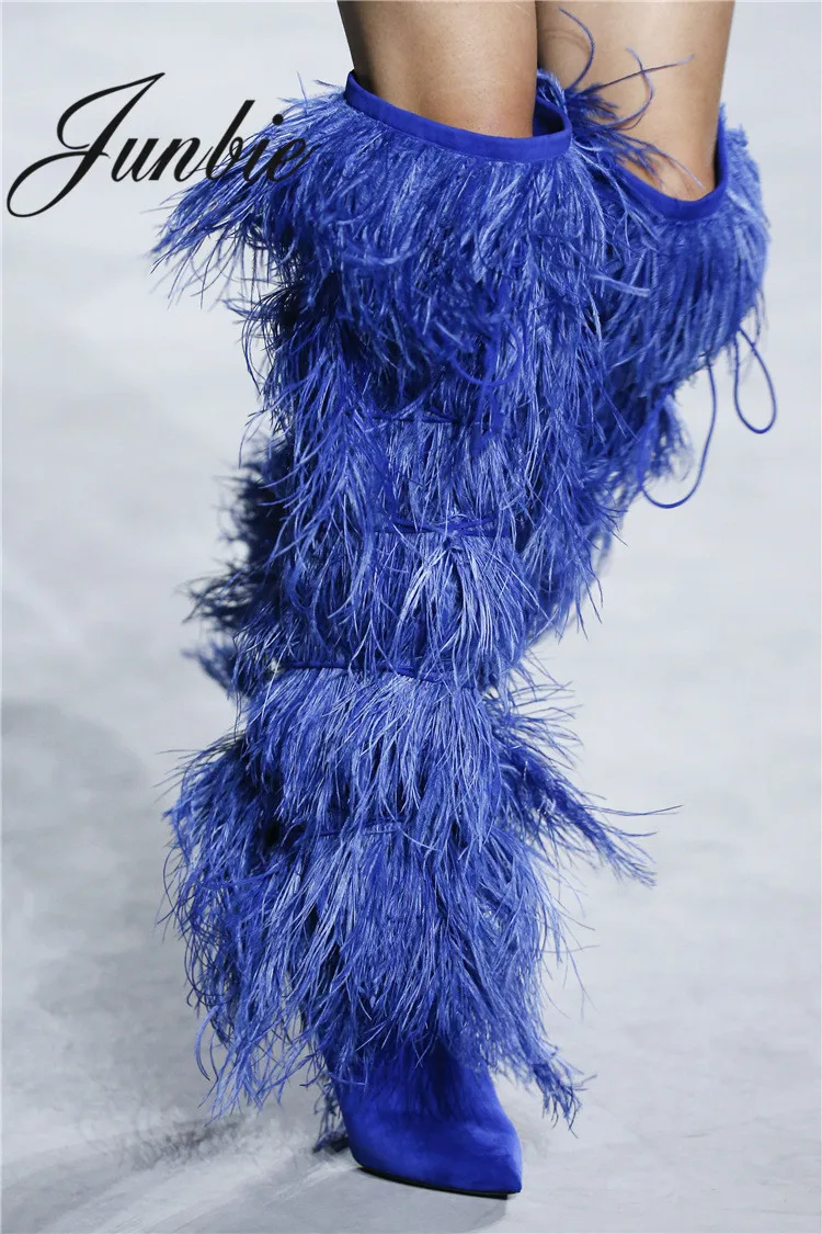 

JUNBIE New Fashin Sexy Pointed Toe Knee HIgh Boots Gladiator Lace Up Fringe Feather Knee HIgh Winter Boots Shoes Women