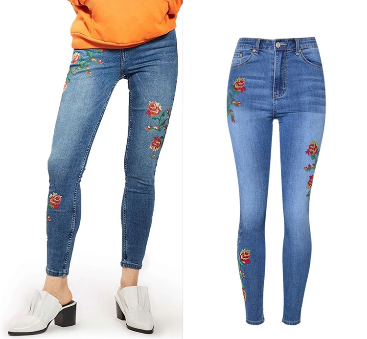 2017 European and American women's high waist elastic front and rear side of the cross embroidery roses washed cat to be cowboy pants pants pants (6)