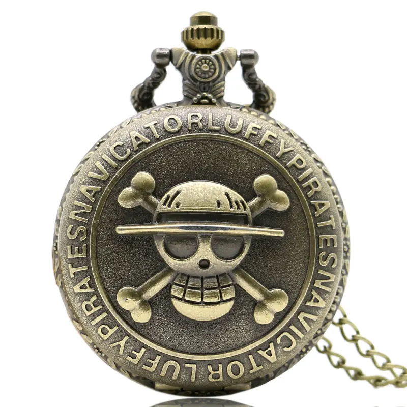 

Antique Bronze Luffy Pirates Navicatior Theme Quartz Pocket Watch Skull One Piece Boy Men Watches Gift 80cm Necklace Clock