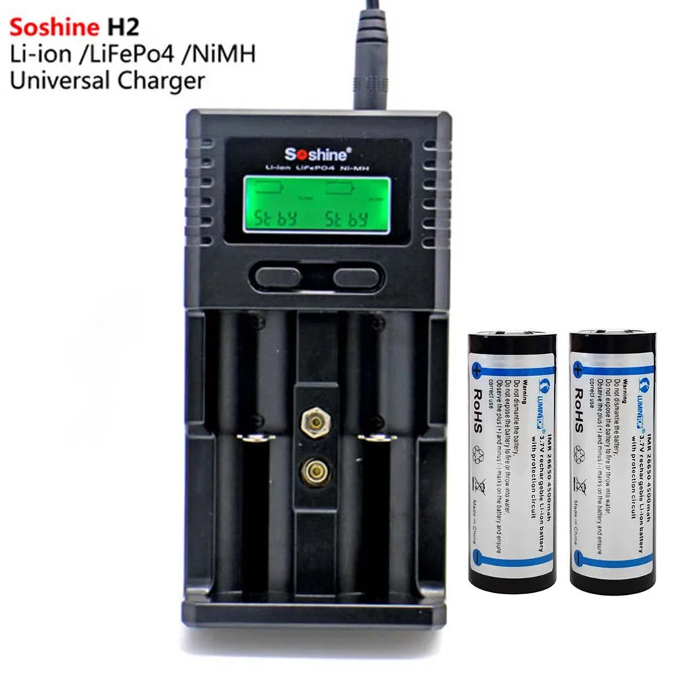 2 шт LUMINTOP ICR26650 26650 5000mAh аккумуляторные батареи 3 7 v 18.5wh + 1 Soshine li-ion/LiFePO4/NiMH