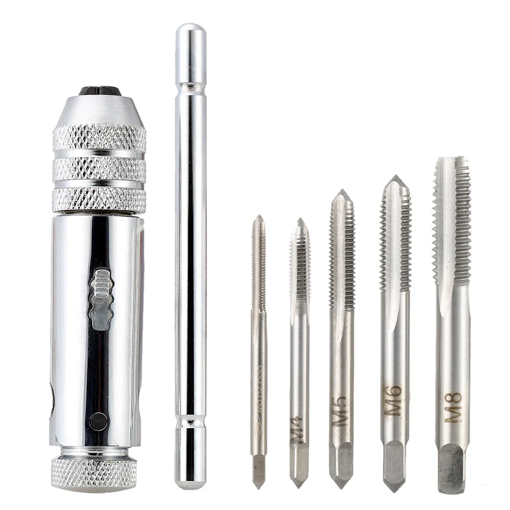 

5 Pcs/set Straight Groove Tap with T-Handle Ratchet Tap Wrench Bearing Steel Straight Flute Taps M3-M8 Hand Screw Tap
