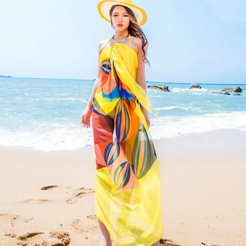 EFINNY 140x190 см парео-шарф женские пляжные саронги Летние шифоновые шарфы геометрический дизайн - Цвет: Цвет: желтый