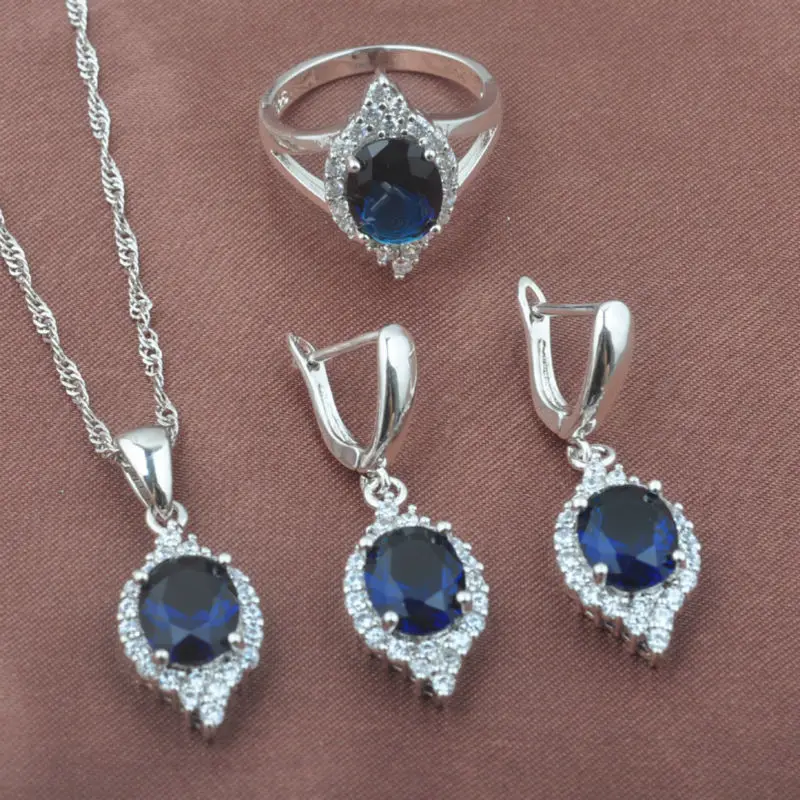 Элегантный Голубой цирконий CZ женский 925 стерлингового серебра Ювелирные наборы ожерелье кулон серьги кольцо TZ0514