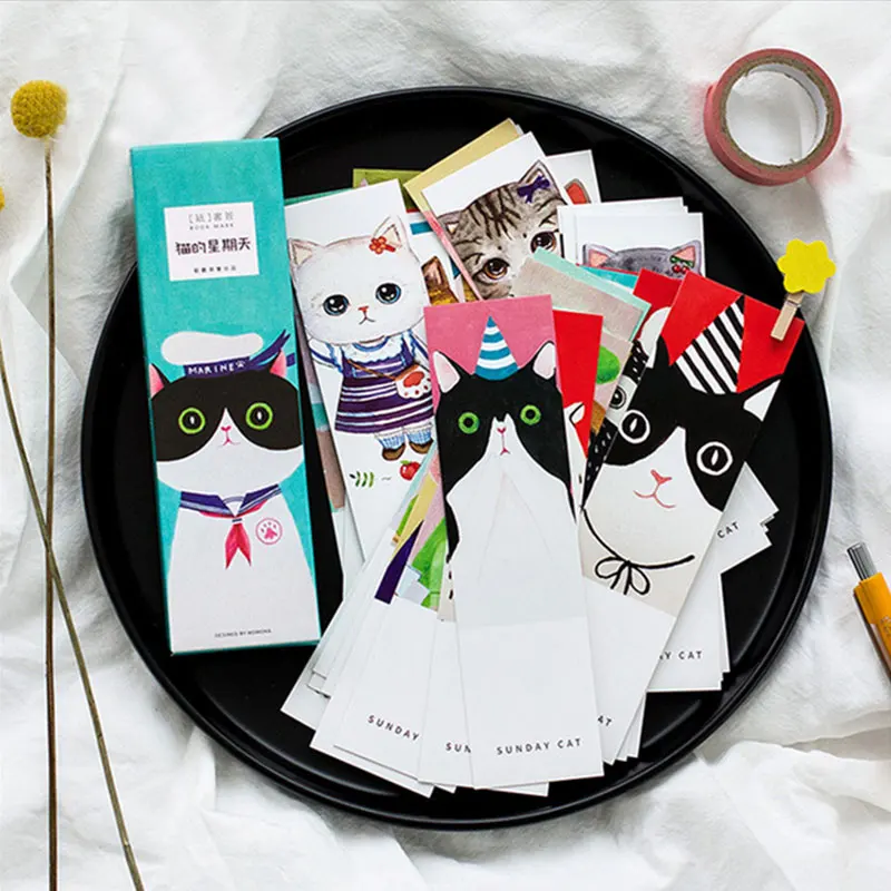 

30pcs/box cat On Sunday paper bookmark stationery bookmarks book holder message card school supplies papelaria