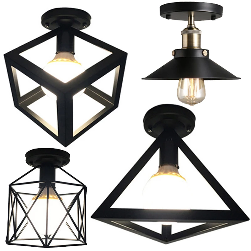 

Vintage Iron Cage Apartment Ceiling Light Nordic Black Geometric Style Home Decoration LED Ceiling Lamp Restaurant Bar Cafe Lamp