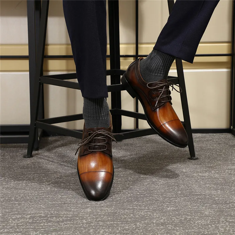 Ручной работы мужские туфли «Дерби» чёрный; коричневый Натуральная кожа Кепки носок Обувь в деловом стиле для Для мужчин на шнуровке официальная обувь для торжеств, свадебные туфли