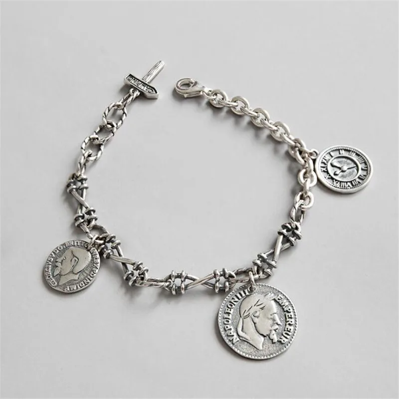 

Fashion High Quality Sterling Silver S925 Bracelets For Women Manual Vintage Coin Pendant Bracelet Personality Punk Jewelry