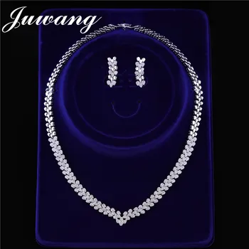 

JUWANG Luxury Sliver Color Necklace Earring Set for Woman Bridal Cubic Zirconia Wedding Jewelry Sets Dubai Costume jewelry Gift