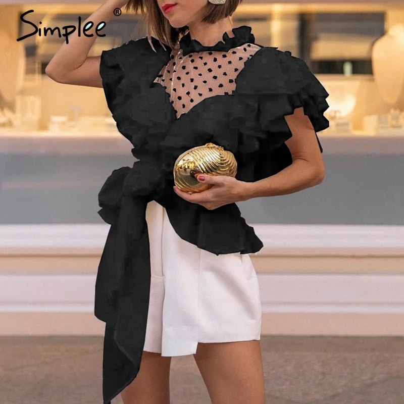 

Simplee Sexy lace mesh women tops and blouse Elegant ruffled sashes female top shirt Summer 2019 short sleeve dot white blouse