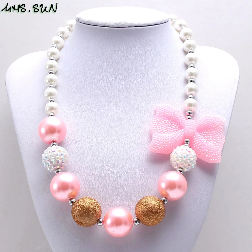 

MHS.SUN cute baby girls pink bowknot necklace fashion kids chunky beads necklace handmade bubblegum jewelry gift for child toy