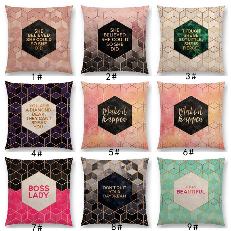 New Warm Words Golden Letters Abstract Triangles Geometric Pattern Home Decor Cushion Cover Sofa