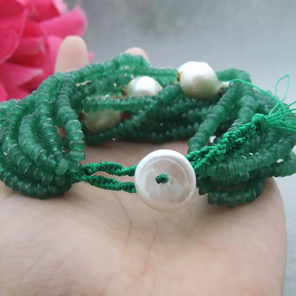 

FC060809 10 Strands White Reborn Keshi Pearl Green Faceted Gems Bracelet