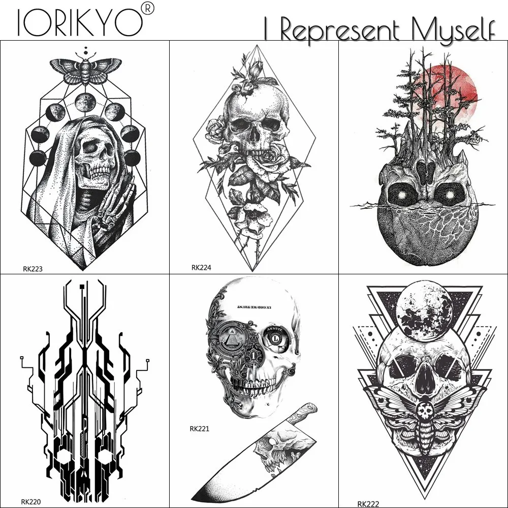 

Women Skeleton King Temporary Tattoo Stickers Black Geometric Ghost Men Arm Skull Totem Waterproof Tatoos Body Art Adult Tattoo