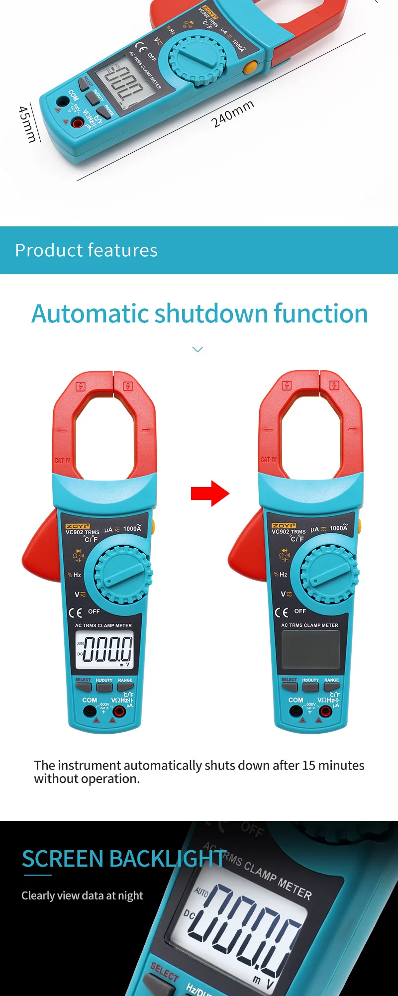 VC903 VC902 True RMS Цифровой токоизмерительный клещи Ток переменного / постоянного тока Автоматический диапазон Сопротивление емкости Высокоточный мультиметр