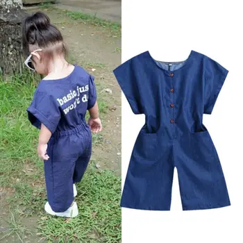 

Cool Denim Baby Girl Boy Rompers Letter Print Wide Leg Pockets Jumpsuit Summer Clothes Short Loose Sleeve Fashion Button Rompers