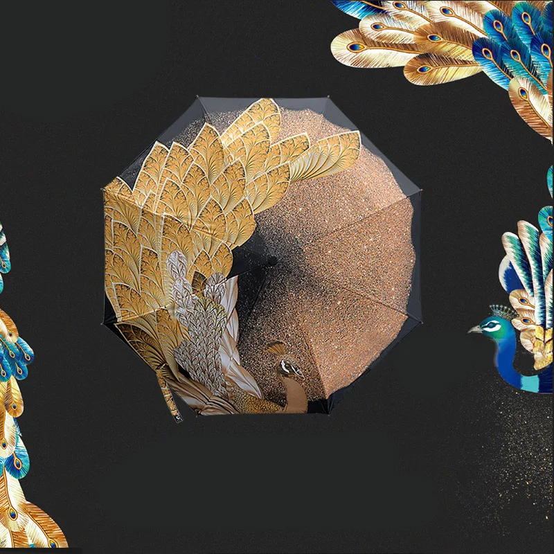 

Peacock Painting Wedding Umbrella For Women Waterproof Three Folding Pencil Umbrellas Travel Portable Pocket Bride Umbrella