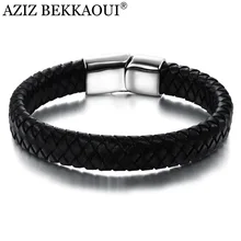 AZIZ BEKKAOUI Панк Черный Браслет из натуральной кожи для мужчин ювелирные изделия браслеты из нержавеющей стали Магнитная Пряжка браслет из воловьей кожи подарок