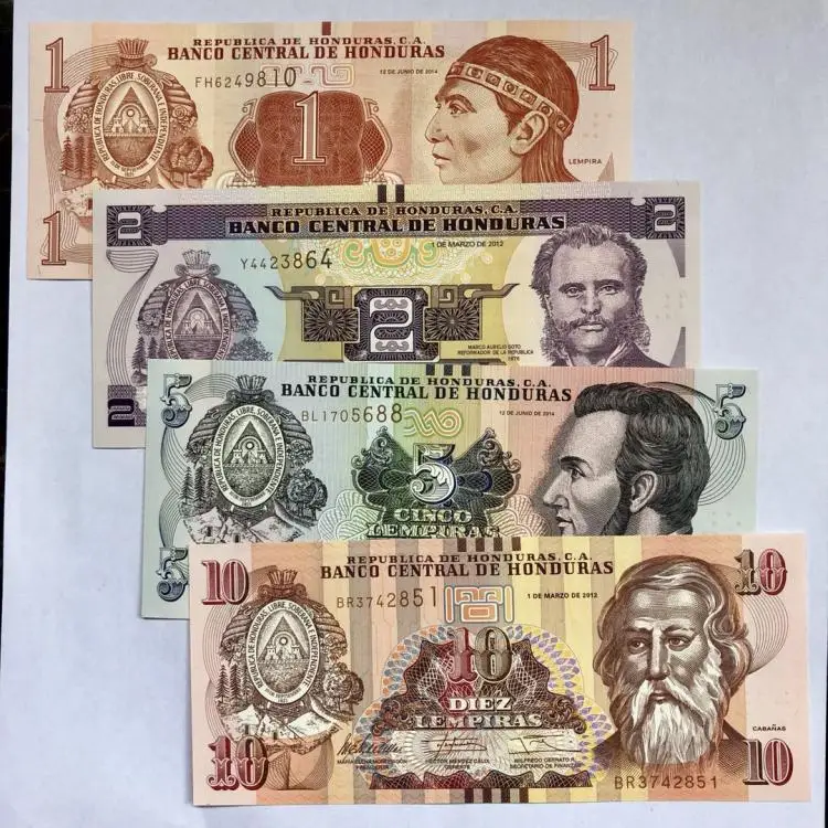 

Honduras Set 4 PCS banknotes, 1 2 5 10 Lempira, Random year, original P-86 89 90 91, UNC collectibles bill paper money banknote