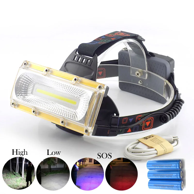 Powerful COB Headlight Rechargeable USB Port Headlamp Frontale LED