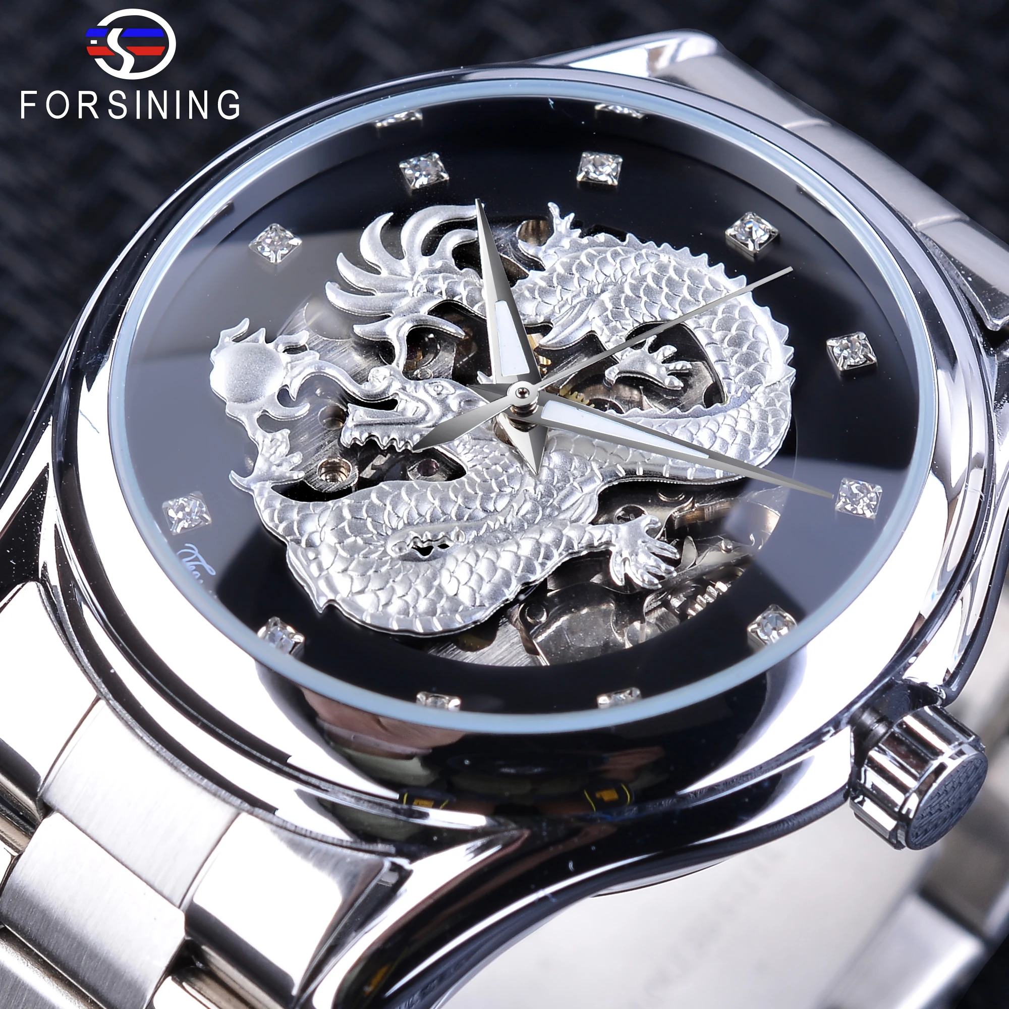 

Forsining Fashion Dragon Design Silver Stainless Steel Diamond Display Men's Automatic Wristwatch Top Brand Luxury Montre Homme