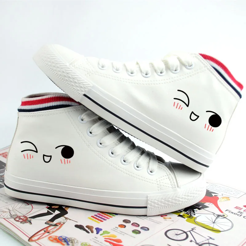 

Kawaii Hand Painted High Top Shoes for Women White Sneakers 2018 Autumn PU Casual Shoes Ladies Skaters Soft Moccasins