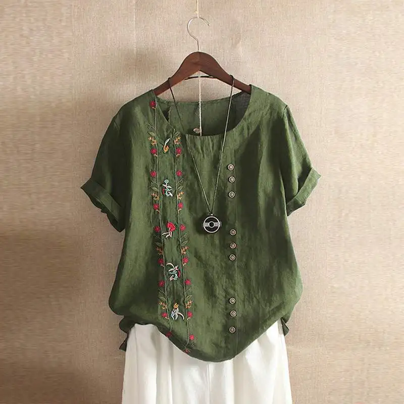 

2019 Summer Women Short Sleeve Embroidery Floral Blouse Bohemian Shirt Casual Vintage Cotton Linen Tops Party Blusas Plus Size