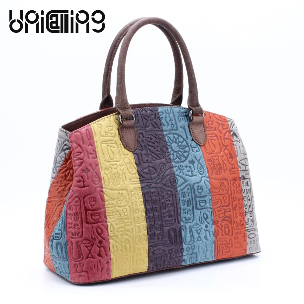 

UniCalling quality soft Genuine Leather women bag Patchwork hieroglyphic handbag female fashion colorful tote bag shoulder bag
