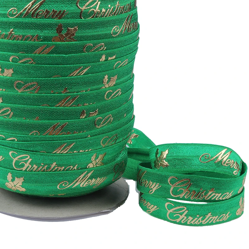 

Christmas flower foil printing green fold over elastic ribbon