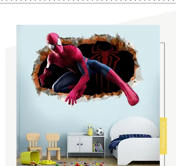 

3D Smashed Spider Man Iron Man breakthrough the Wall Stickers Kids Bedroom Decal Decor Poster Mural E636-1