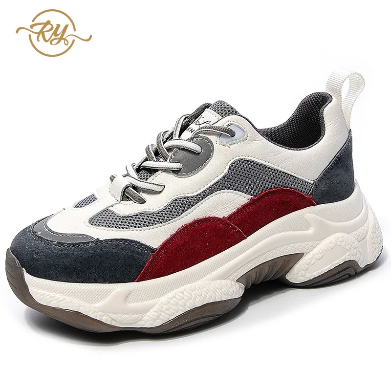 

RY-relaa fashion ladies sneakers leather stitching casual shoes 2019 new high-rise thick-soled muffin mesh running shoes