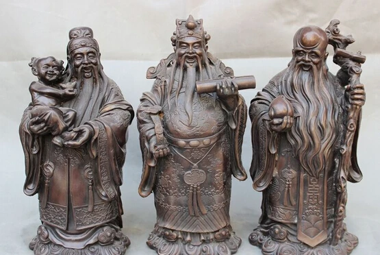 

xd 001637 14" China Pure Bronze Kid Child Shou Peach Standing Happy 3 FuLuShou God Statue