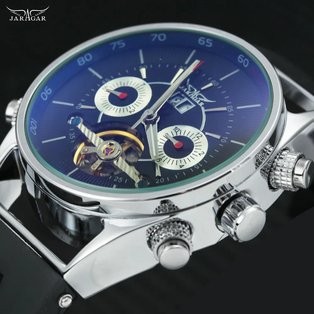 

2018 WINNER Fashion Men Automatic Mechanical Watch Silicone Watchband Tourbillon Male Wristwatch Blue-ray Sub-dial Calendar Day
