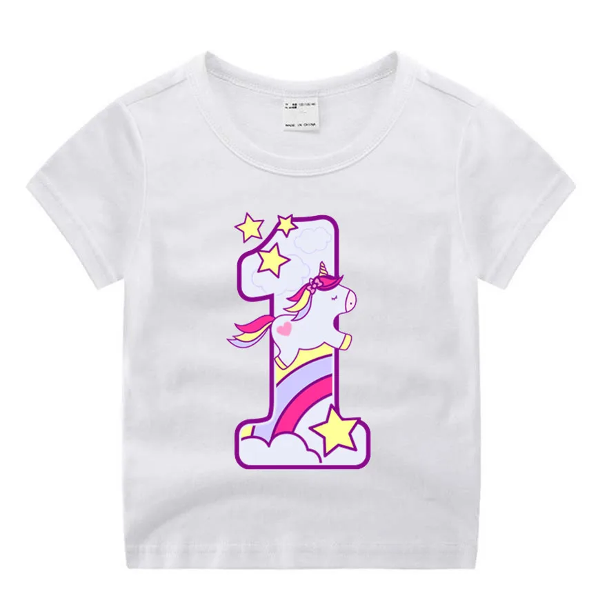 Одежда для маленьких мальчиков и девочек с рисунком единорога и цифрой 1-9, милая одежда с бантом детская забавная футболка хлопковая Детская футболка с круглым вырезом