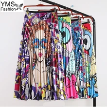 Летние Для женщин Высокая Талия мультфильм печати плиссированные юбки эластичный пояс линии Миди-юбки Повседневное модные длинные юбки для Для женщин