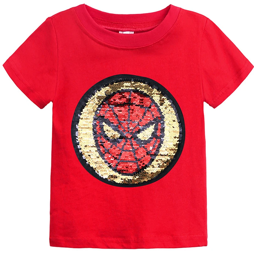 Меняющие цвет и рисунок Человека-паука; переключаемые футболки с блестками для мальчиков; детская модная футболка с героями Marvel; детская летняя верхняя одежда