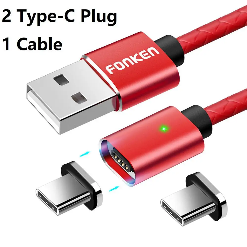 Магнитный кабель FONKEN type-C, магнитный кабель USB C для телефона, 1 м, 2,4 А, светодиодный, для мобильного зарядного устройства, Тип C, двусторонний шнур для зарядки, кабель для синхронизации данных - Цвет: 2 Plug 1 Red Cord