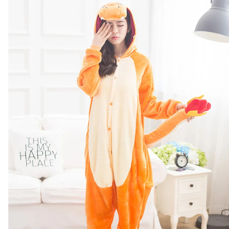 Cosplay&Ware [5]Women Adult Charmander Pajama Cosplay Costume Kigurumi Animal Onesie Flannel Warm Sleepwear Party Fancy -Cosplay&Ware anime Shop