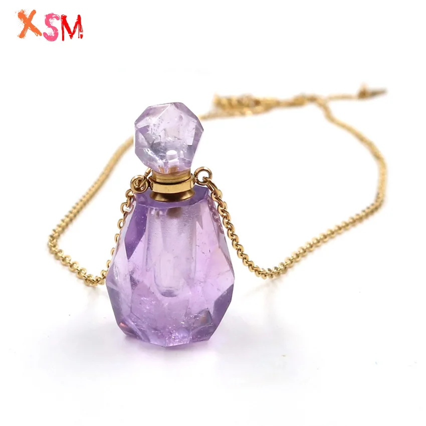 

Natural Purple Amethysts Essential Oil Jar Perfume Bottle Pendant Light Yellow Gold Link Chain Necklace for Women Jewelry Making