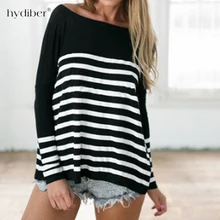 Пикантные Для женщин футболка Для женщин с длинным рукавом Топы с открытыми плечами с круглым вырезом футболка в полоску Повседневное Топы Для женщин футболка Femme