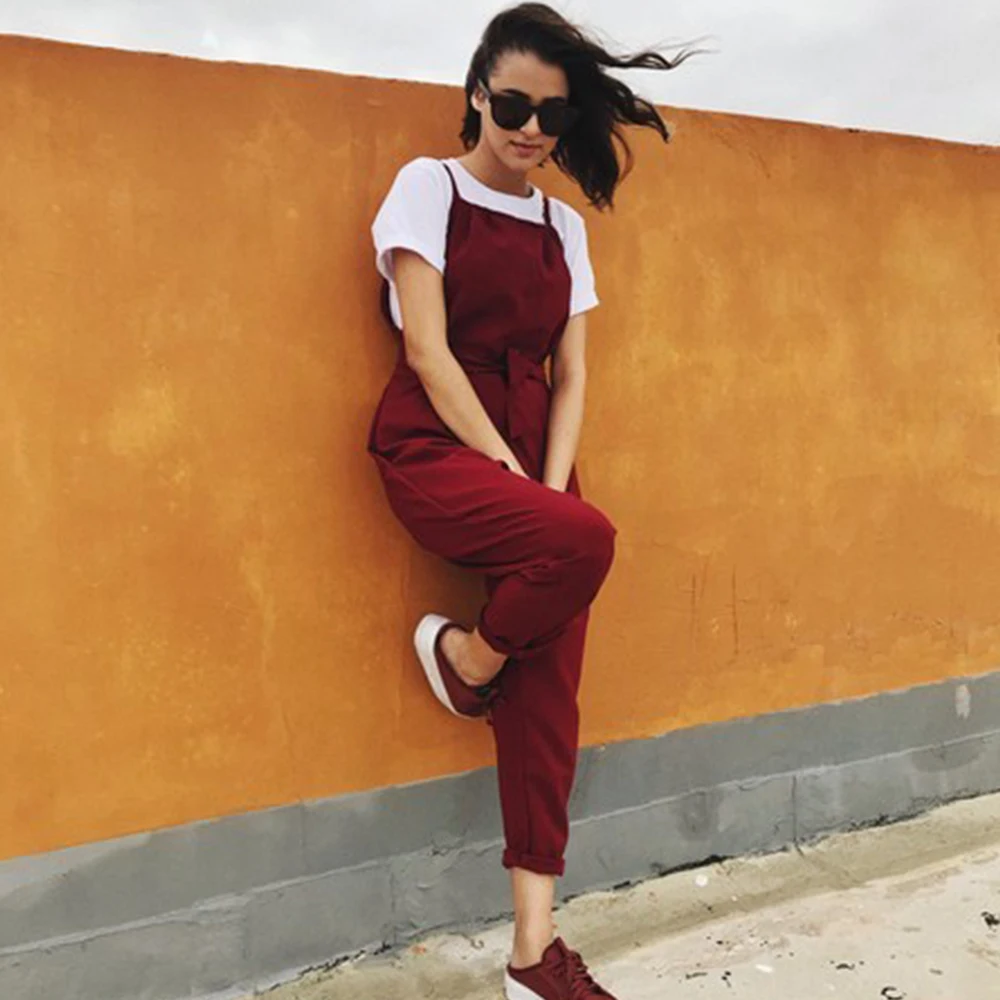 

New Spring Summer Casual Women Drawstring Pants Solid Pocket Cotton And Linen Mid Jumpsuits Cpris Solid Pleated Overalls
