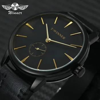 

Top Brand Luxury Black Mechanical Men Watches WINNER Fashion Genuine Band Hand-wind Wristwatches Working Sub-dial Clock for Male