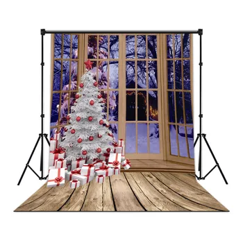 

LB Polyester & Vinyl Warm Interior White Christmas Tree French Windows Snowy Backgrounds For Photo Studio Photography Backdrops