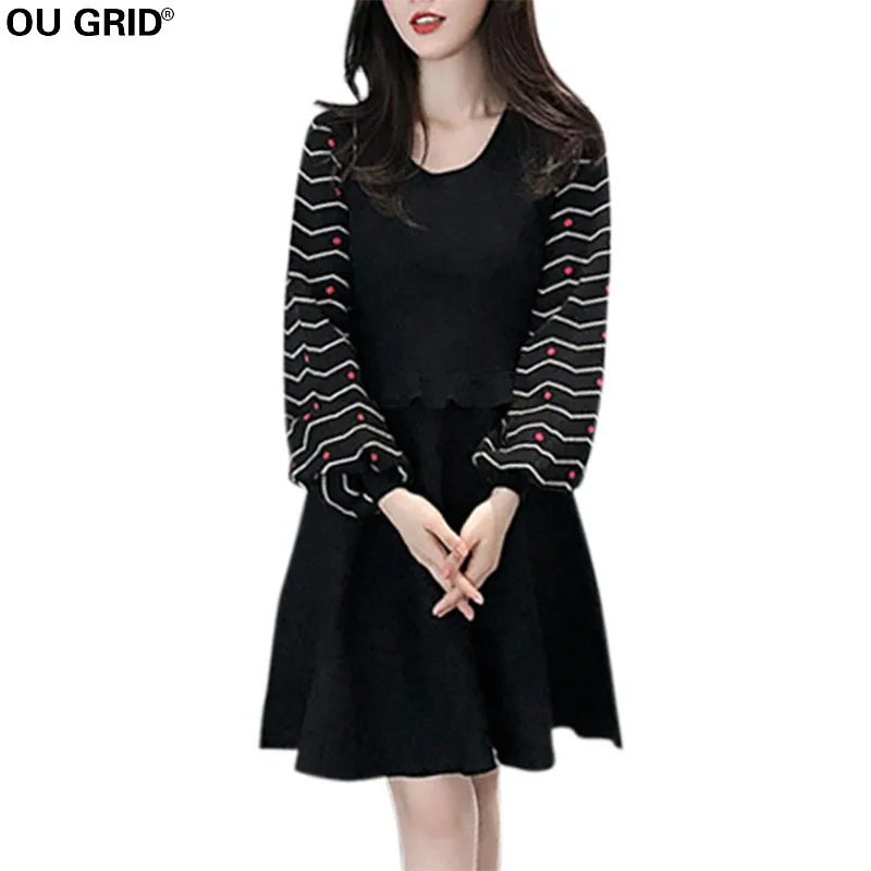 

Women Vintage Big Swing Knitted Dress 2018 Autumn Winter Black Striped Embroidery Long Sleeve Slim Elegant A-line Casual Dress