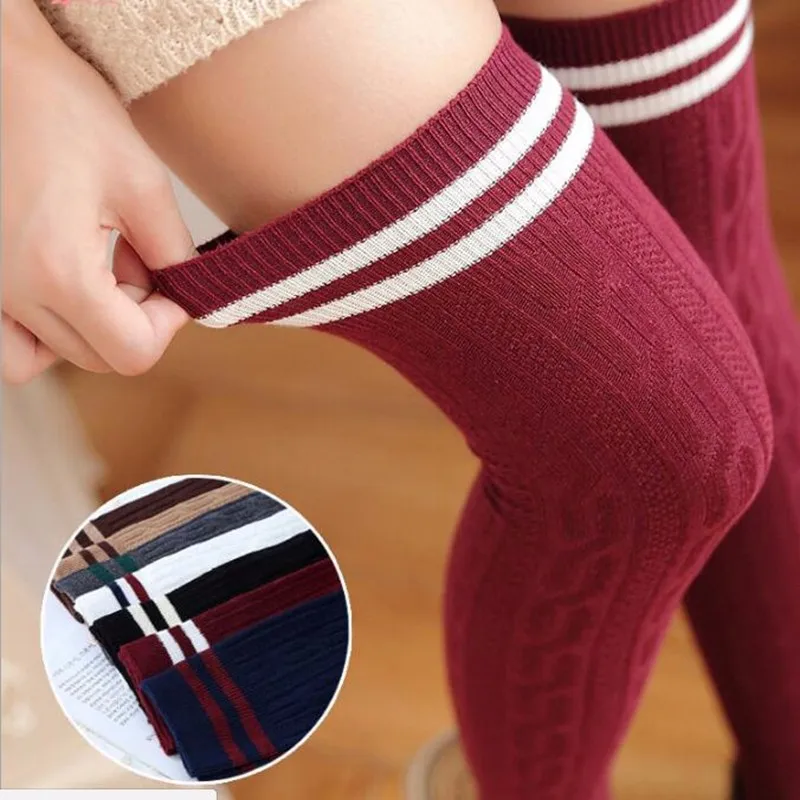 Winter Stockings Fashion Striped Cotton Women's Stockings Over Knee Socks Knitted Woman Socks Girls Princess Sexy Long Socks