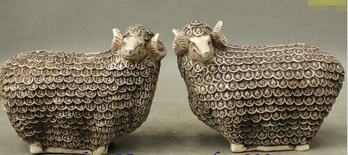 

0 6" Folk Culture Chinese Silver Wealth Coin Zodiac Sheep Ovine Art Statue Pair