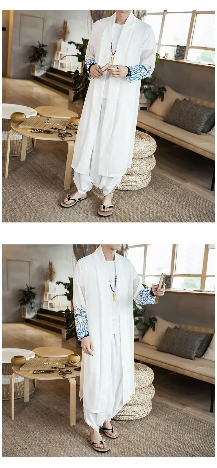 Модная свободная шаль длинное кимоно ветровка верхняя одежда летний бренд китайский стиль мужской кардиган тонкое пальто Тренч Куртка мужская белая