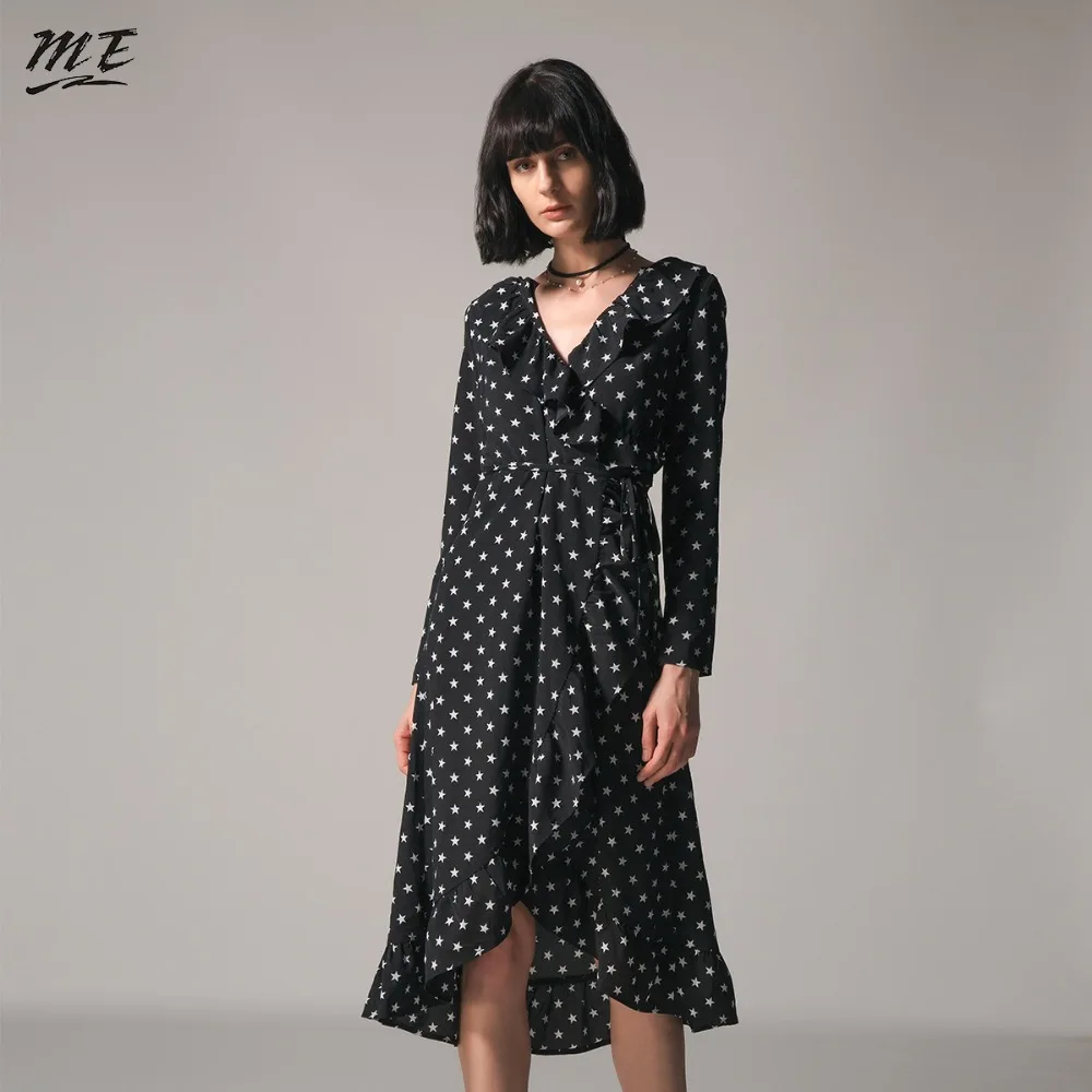 

ME Autumn Long Sleeve Star Print Ruffles Dress Women Sexy V Neck Split Midi Dresses Vestidos Summer Beach Black Party Vestidos